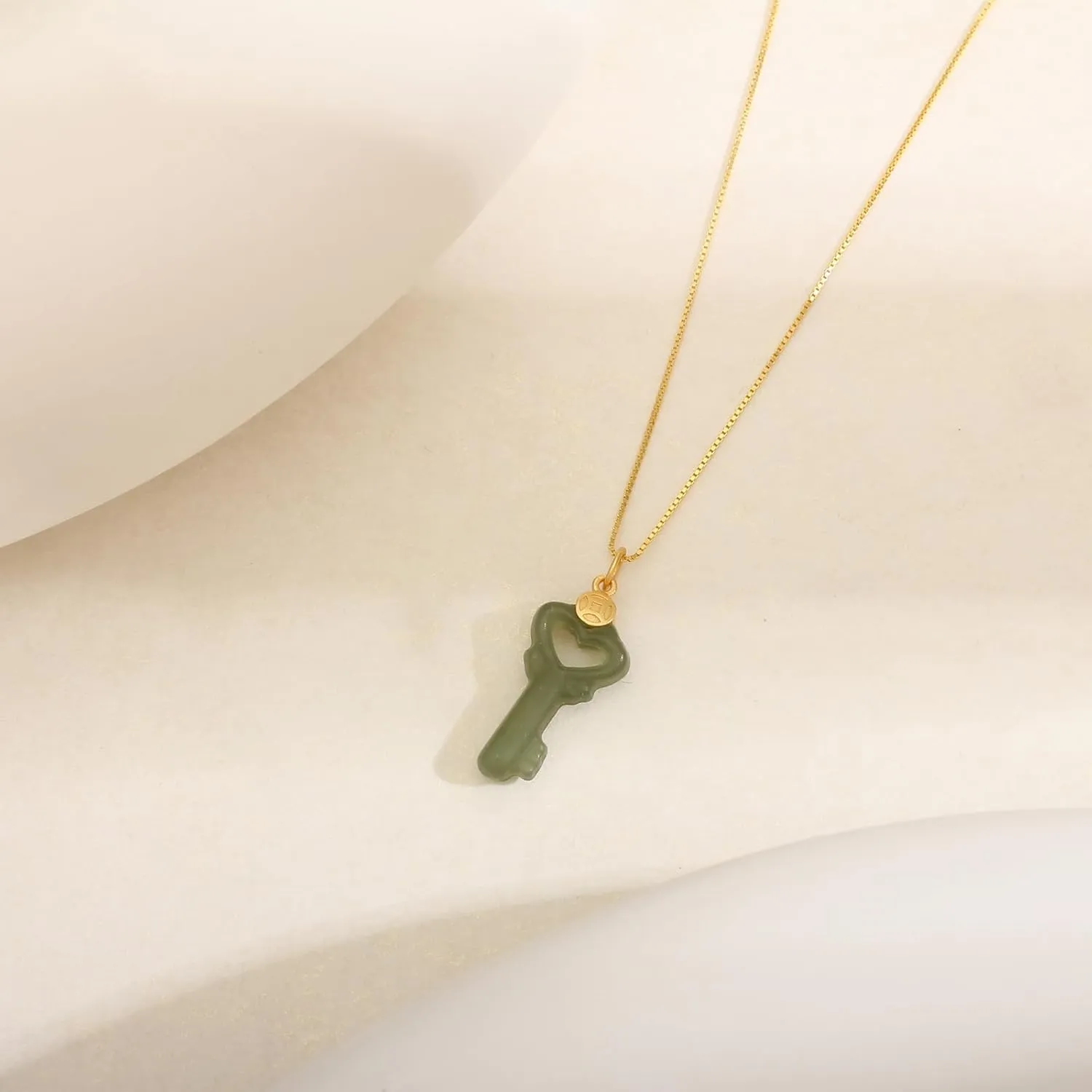 Natural Hetian Jade Necklace, Key Shaped Jade Pendant Jewelry Chain for Women, Lucky Green Jade Handmade Jewelry Gifts for Mom Lover Girls Her (925 Sterling Silver with Gold Plated)