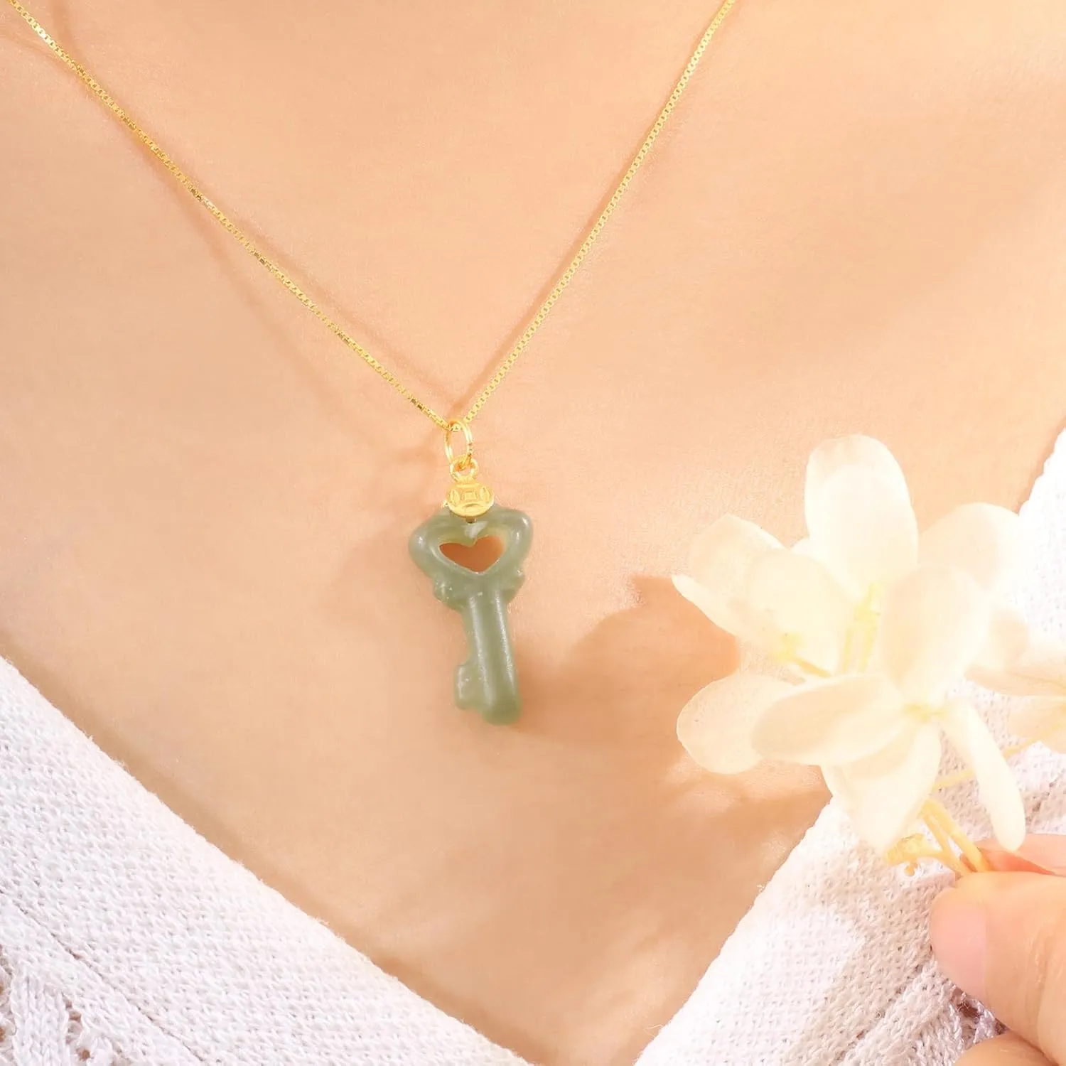 Natural Hetian Jade Necklace, Key Shaped Jade Pendant Jewelry Chain for Women, Lucky Green Jade Handmade Jewelry Gifts for Mom Lover Girls Her (925 Sterling Silver with Gold Plated)
