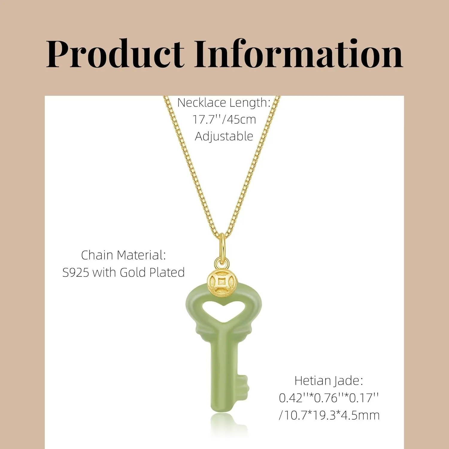 Natural Hetian Jade Necklace, Key Shaped Jade Pendant Jewelry Chain for Women, Lucky Green Jade Handmade Jewelry Gifts for Mom Lover Girls Her (925 Sterling Silver with Gold Plated)