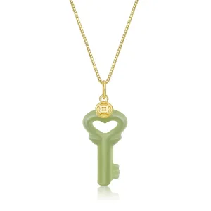 Natural Hetian Jade Necklace, Key Shaped Jade Pendant Jewelry Chain for Women, Lucky Green Jade Handmade Jewelry Gifts for Mom Lover Girls Her (925 Sterling Silver with Gold Plated)