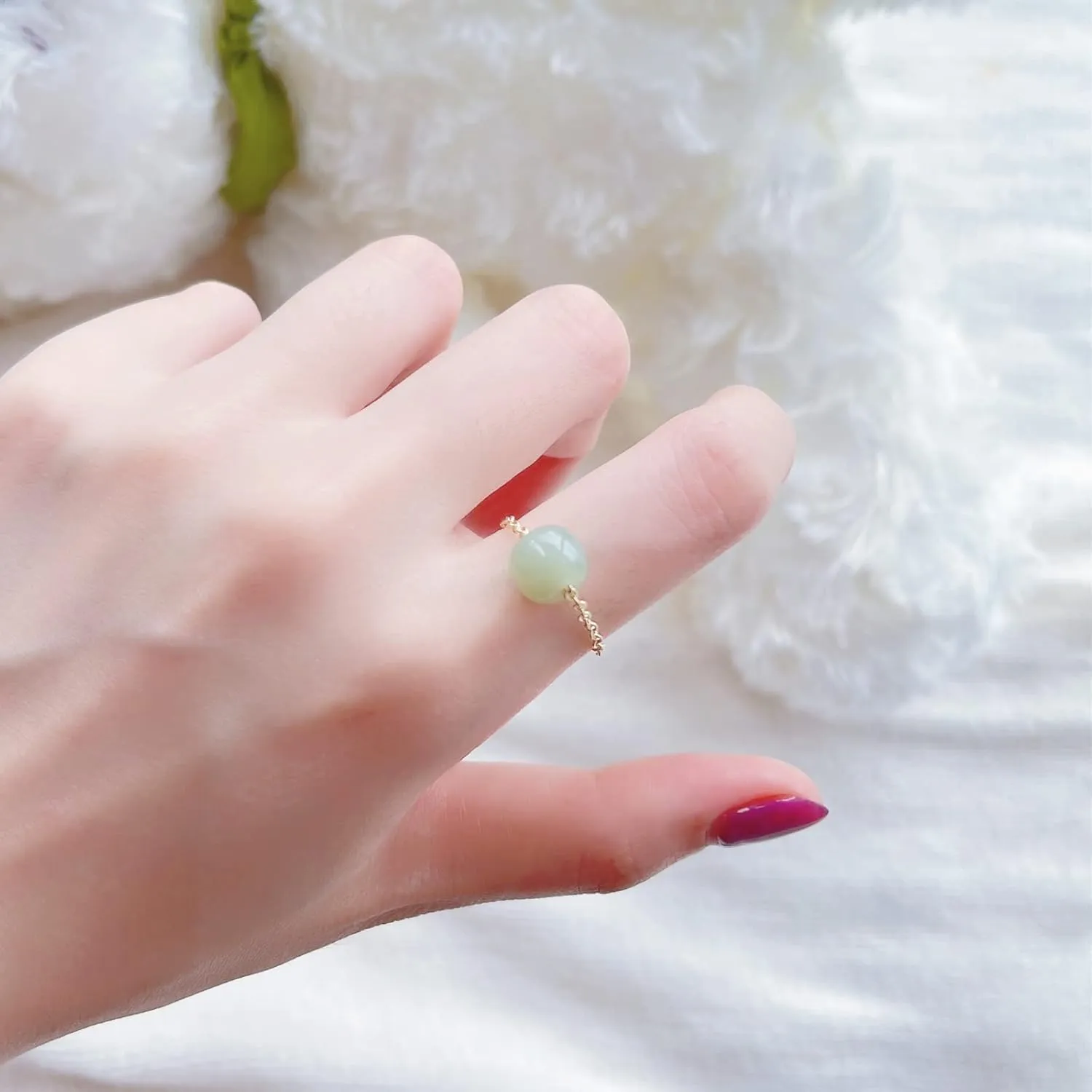 Natural Hetian Jade Ring, Adjustable Band Beads Charm Ring Jewelry, Green Jade Rings for Women, Handmade Ring Gift for Women, Great Gift Idea (925 Sterling Silver with 14K Gold Plated)