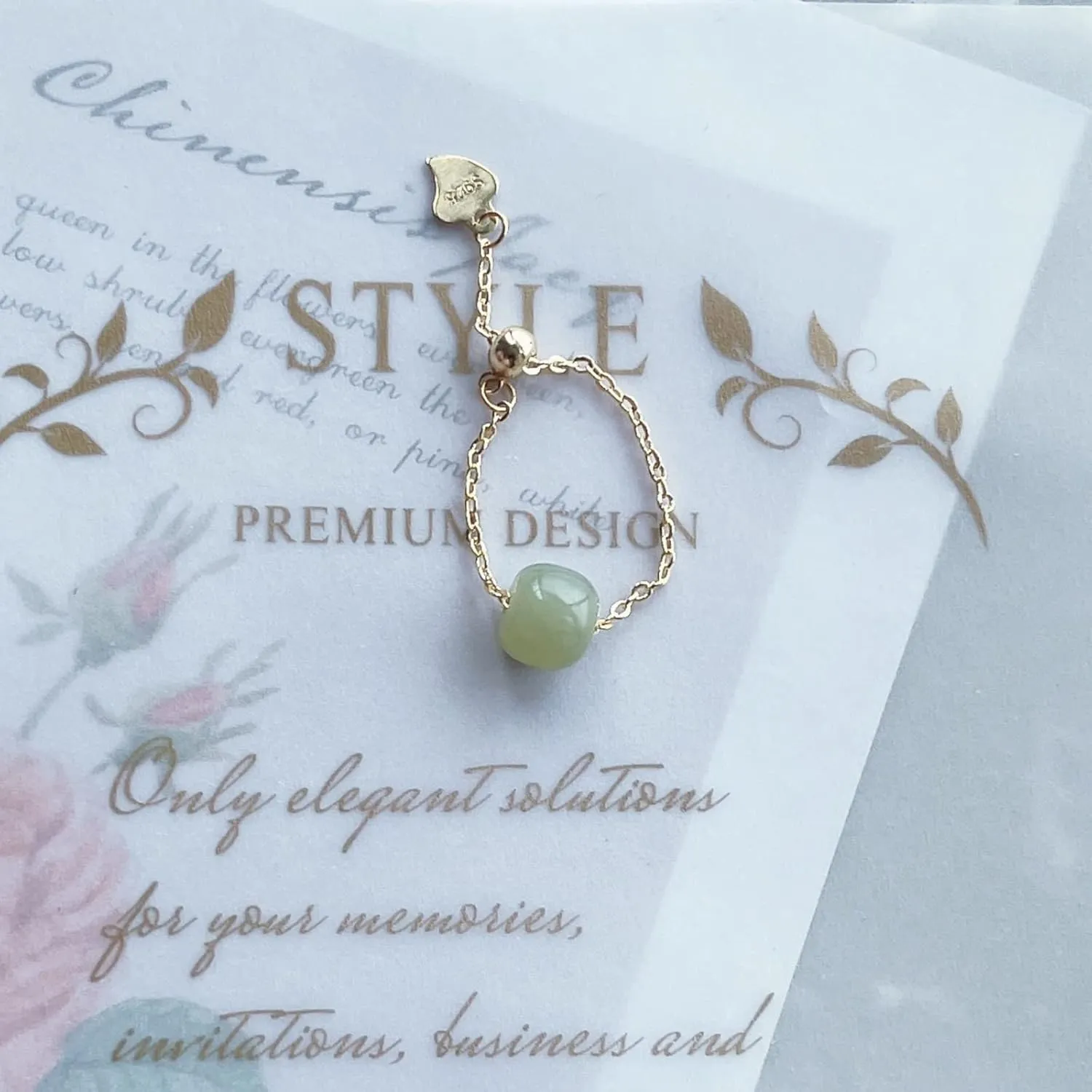 Natural Hetian Jade Ring, Adjustable Band Beads Charm Ring Jewelry, Green Jade Rings for Women, Handmade Ring Gift for Women, Great Gift Idea (925 Sterling Silver with 14K Gold Plated)