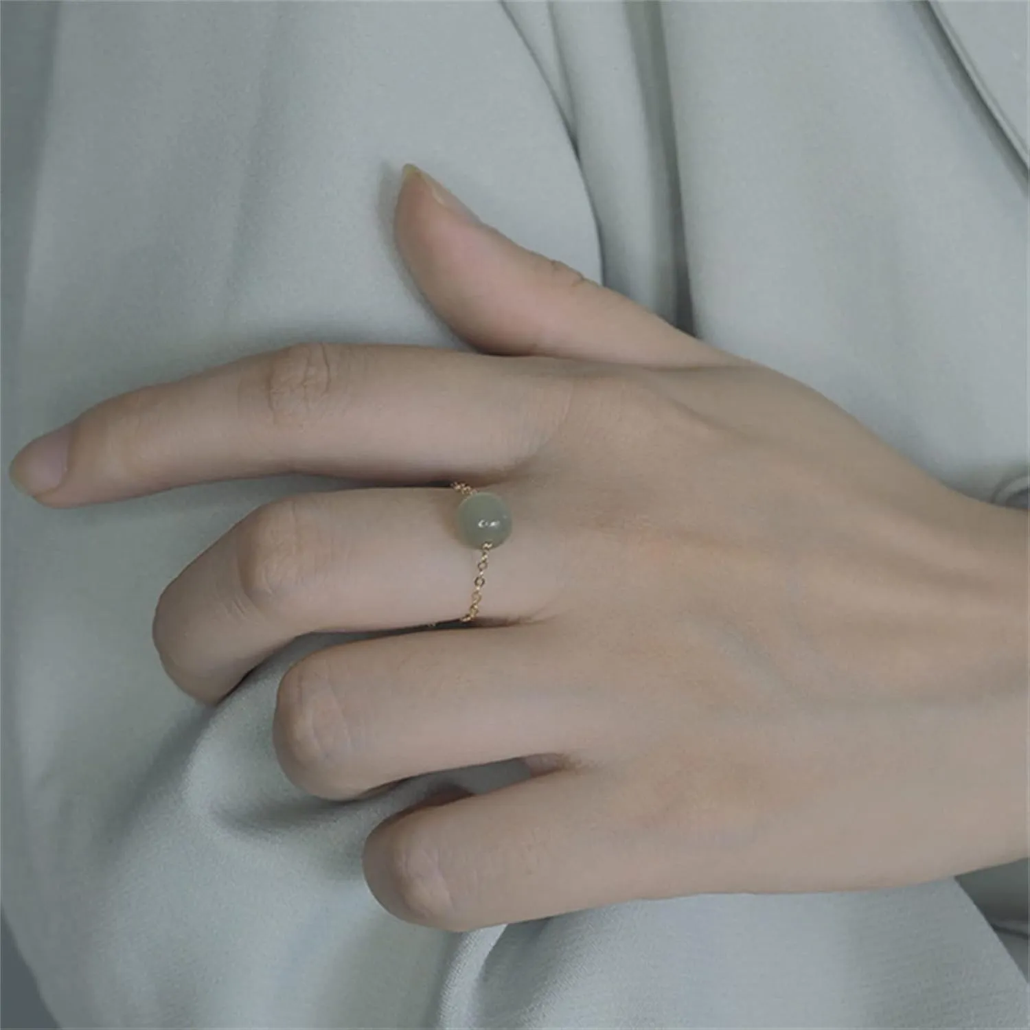 Natural Hetian Jade Ring, Adjustable Band Beads Charm Ring Jewelry, Green Jade Rings for Women, Handmade Ring Gift for Women, Great Gift Idea (925 Sterling Silver with 14K Gold Plated)