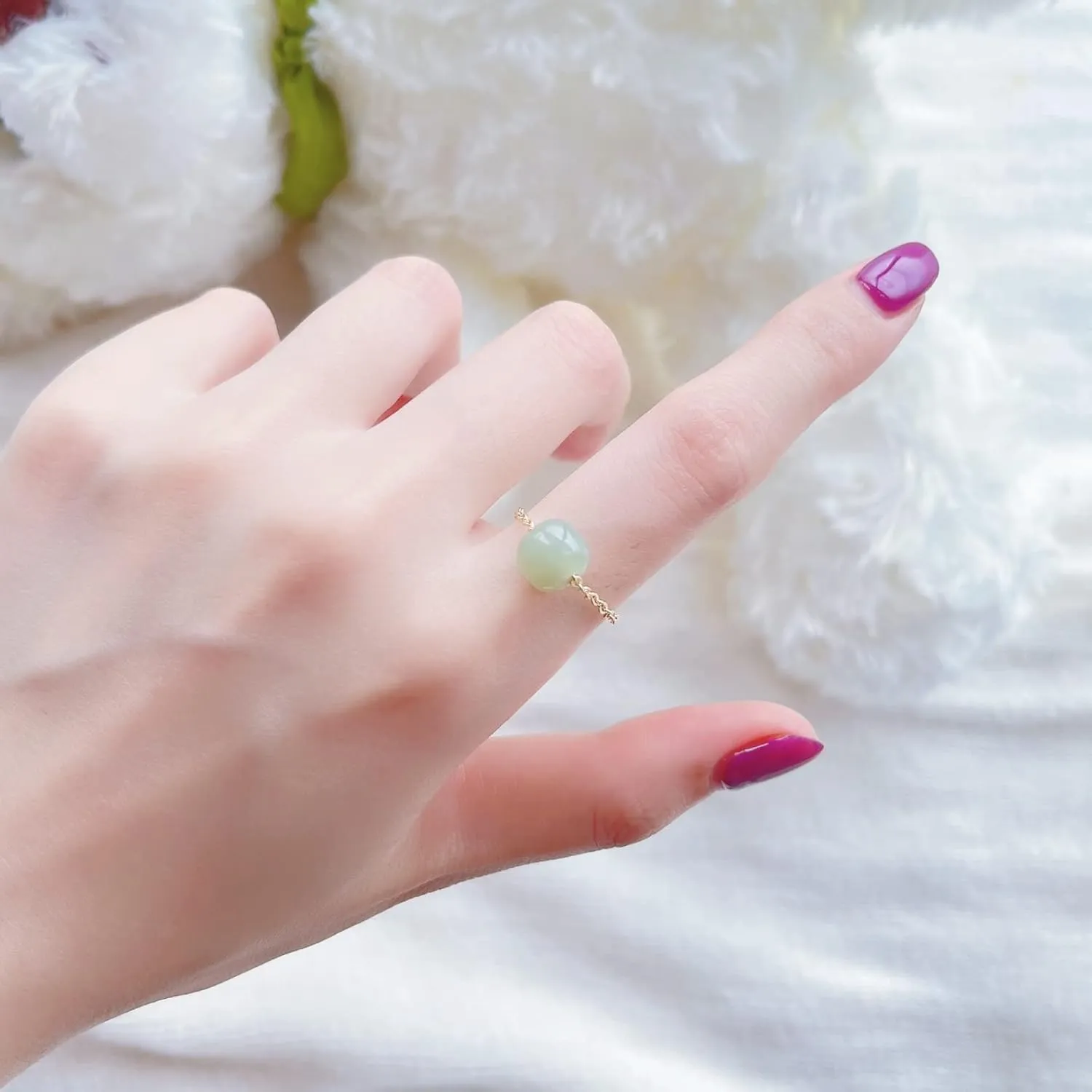 Natural Hetian Jade Ring, Adjustable Band Beads Charm Ring Jewelry, Green Jade Rings for Women, Handmade Ring Gift for Women, Great Gift Idea (925 Sterling Silver with 14K Gold Plated)