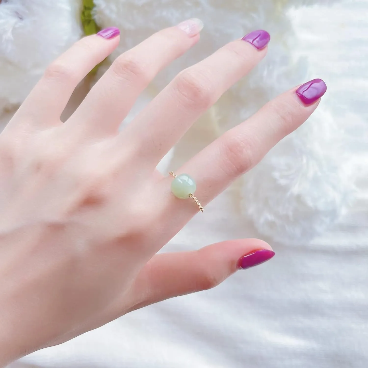 Natural Hetian Jade Ring, Adjustable Band Beads Charm Ring Jewelry, Green Jade Rings for Women, Handmade Ring Gift for Women, Great Gift Idea (925 Sterling Silver with 14K Gold Plated)