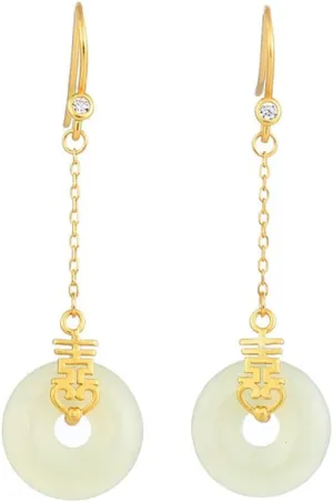 Natural Hetian White Jade Earrings, Sterling Silver Long Dangle Earrings for Women, Minimalist Lucky Jewelry Gifts