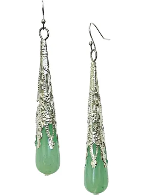 Natural Jade Long Teardrop Statement Earrings, Genuine Green Jade Dangle Earrings in Gold/Silver Plated, Birthstone Jewelry, Gifts for Mom Women Girls (Silver Plated)