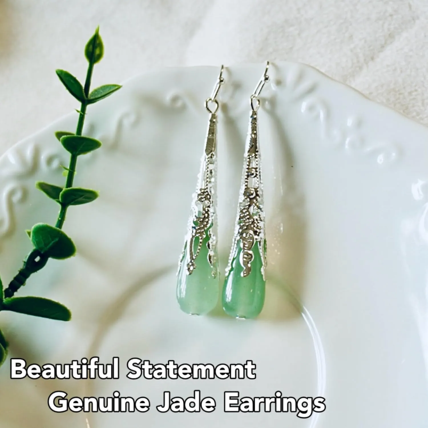 Natural Jade Long Teardrop Statement Earrings, Genuine Green Jade Dangle Earrings in Gold/Silver Plated, Birthstone Jewelry, Gifts for Mom Women Girls (Silver Plated)