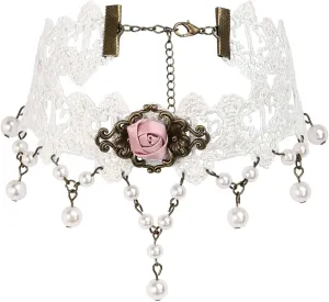 Neck Chokers for Women, Lace Necklace Choker Collar Rose White Halloween Costume Accessories Anime Cosplay Gothic Gifts