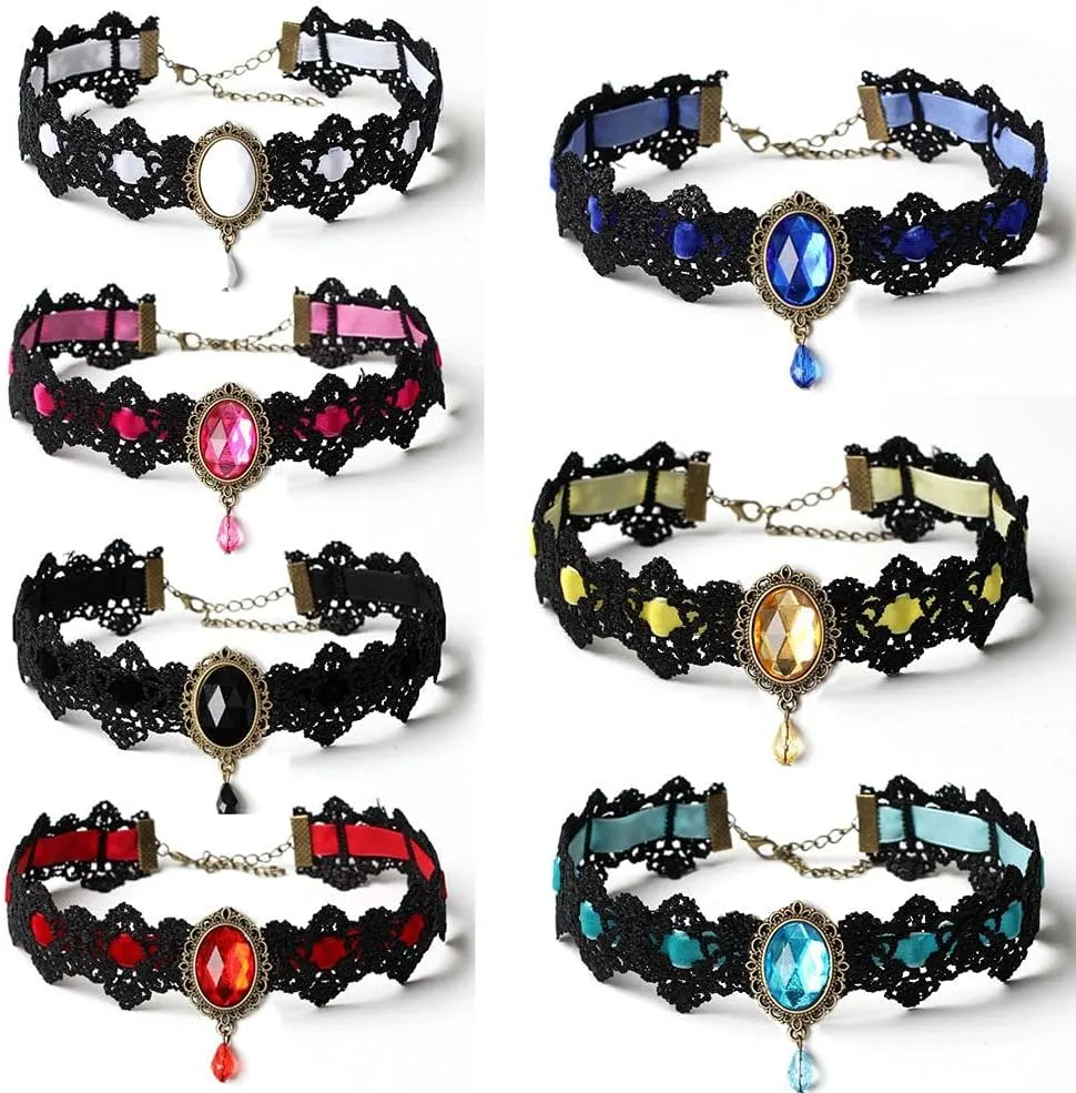 Necklaces Clavicle Chain Lace Chokers Women Vintage Colourful Crystal Necklaces Gothic Punk Collar Choker Jewelry Lace Collar Accessories(red)