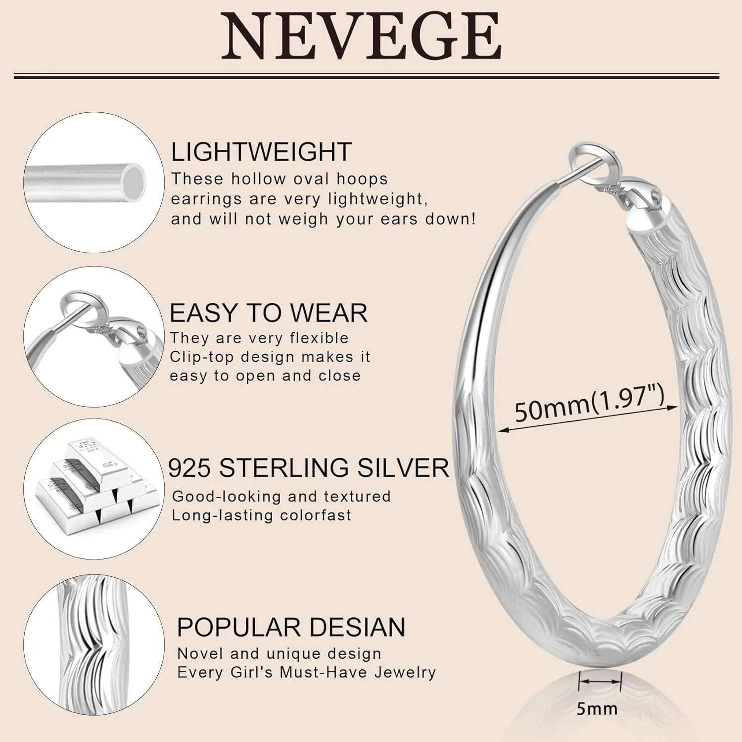 NEVEGE 925 Sterling Silver Earrings Hoops Hollow Hypoallergenic Large Silver Hoop Earrings Lightweight Big Thick Silver Hoop Earrings for Women 40/50/60MM