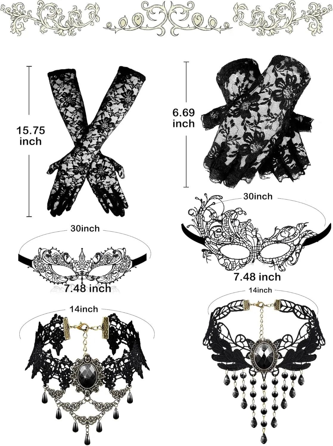 Newcotte 6 Pcs Masquerade Dresses Women Costume Accessories Lace Mask, Choker Necklace, Fishnet Gloves for 80s Retro Party
