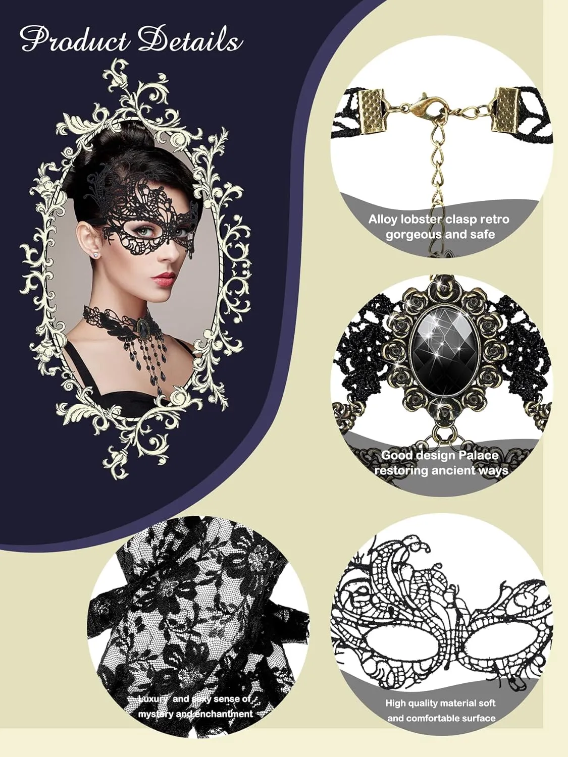 Newcotte 6 Pcs Masquerade Dresses Women Costume Accessories Lace Mask, Choker Necklace, Fishnet Gloves for 80s Retro Party