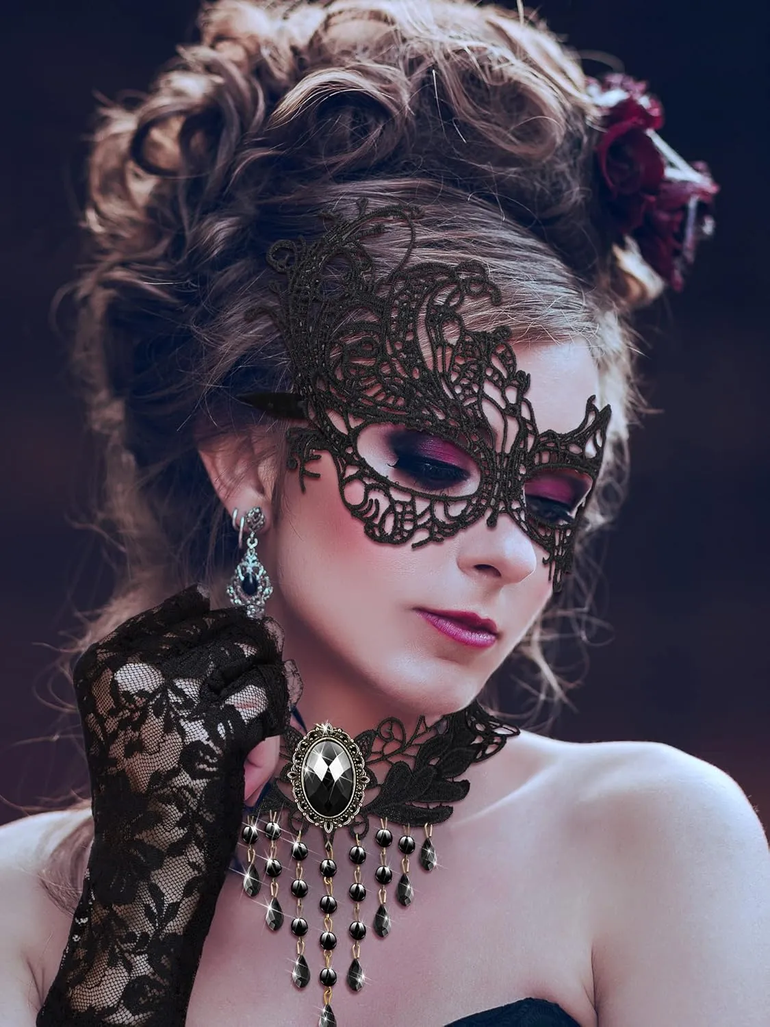 Newcotte 6 Pcs Masquerade Dresses Women Costume Accessories Lace Mask, Choker Necklace, Fishnet Gloves for 80s Retro Party