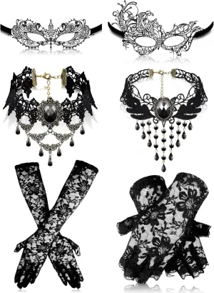 Newcotte 6 Pcs Masquerade Dresses Women Costume Accessories Lace Mask, Choker Necklace, Fishnet Gloves for 80s Retro Party