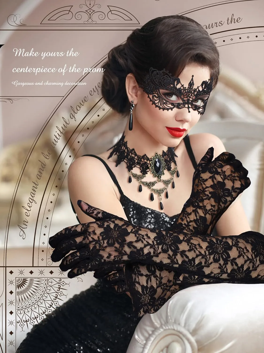 Newcotte 6 Pcs Masquerade Dresses Women Costume Accessories Lace Mask, Choker Necklace, Fishnet Gloves for 80s Retro Party