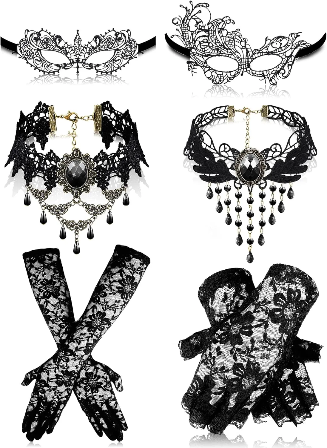 Newcotte 6 Pcs Masquerade Dresses Women Costume Accessories Lace Mask, Choker Necklace, Fishnet Gloves for 80s Retro Party