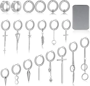 ONESING 20 Pcs Clip On Magnetic Earrings for Men - Dangle Hoop Sterling Non Pierced Fake Piercings - Stainless Steel Silver