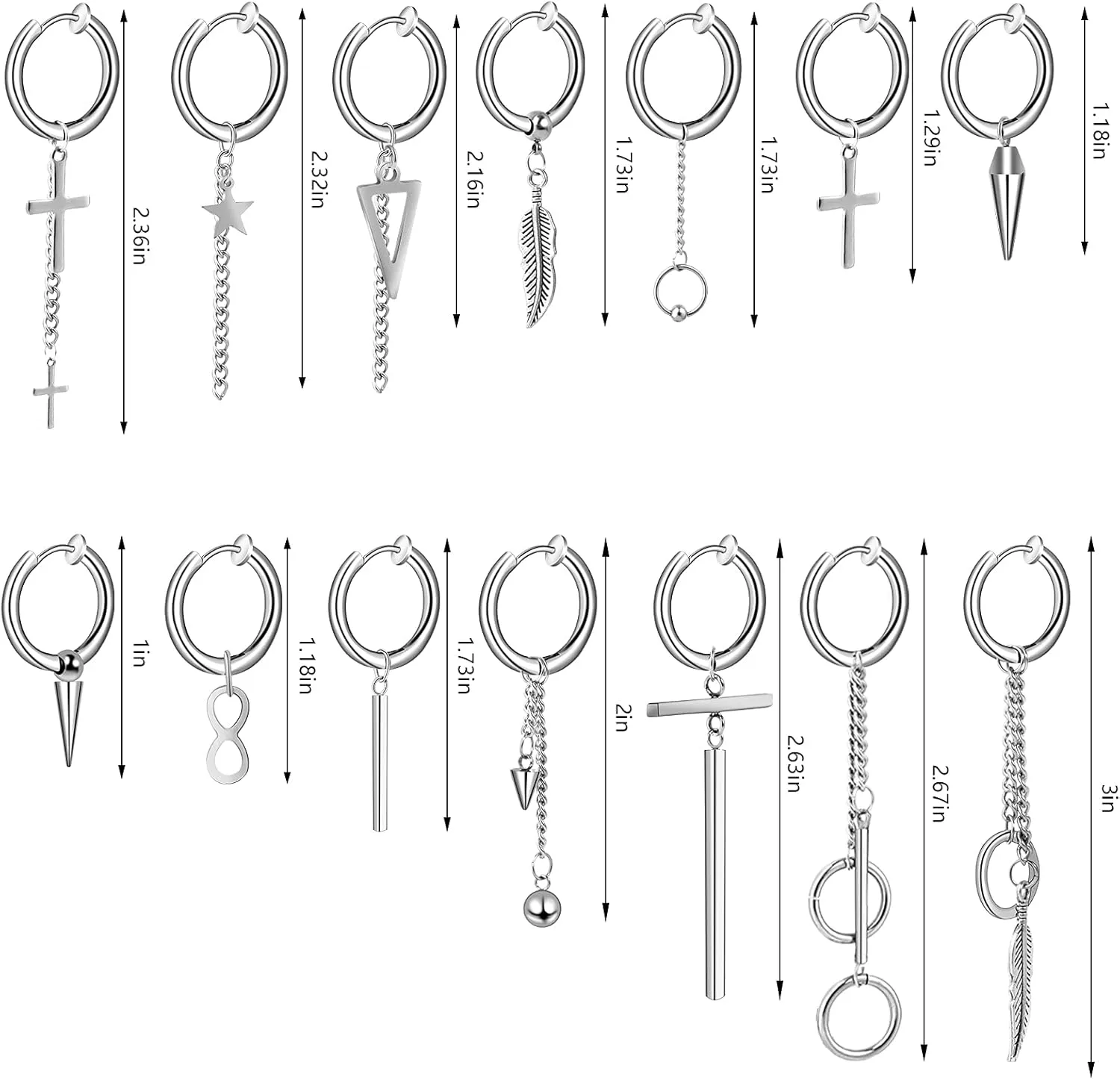 ONESING 20 Pcs Clip On Magnetic Earrings for Men - Dangle Hoop Sterling Non Pierced Fake Piercings - Stainless Steel Silver