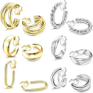 ORAZIO Clip On Earrings for Women 6Pairs Gold Clip On Hoop Earrings For Egirls Chunky Hoops Twist Triple Square Hoop Earrings No Piercing Fake Earrings Set