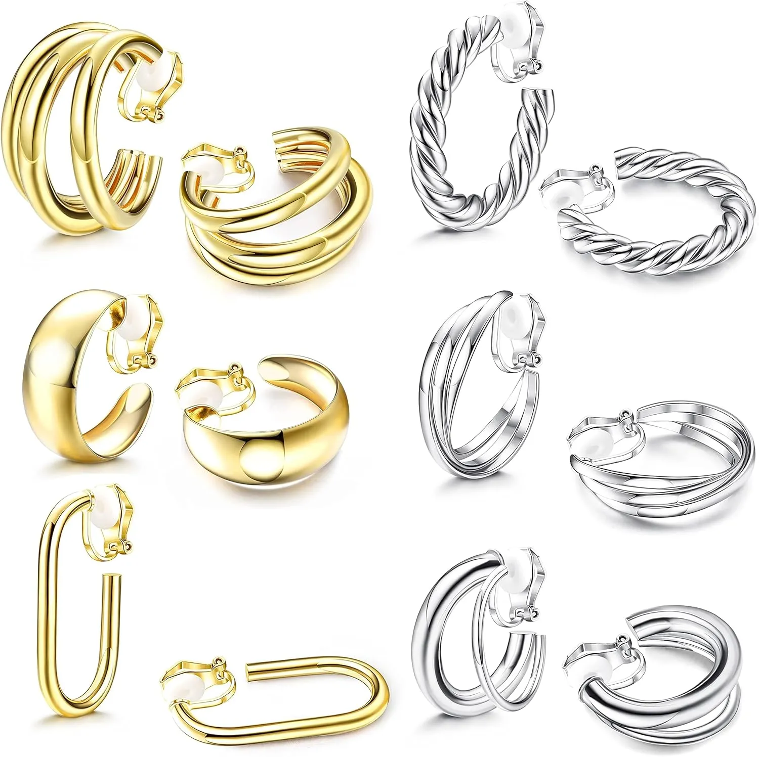 ORAZIO Clip On Earrings for Women 6Pairs Gold Clip On Hoop Earrings For Egirls Chunky Hoops Twist Triple Square Hoop Earrings No Piercing Fake Earrings Set
