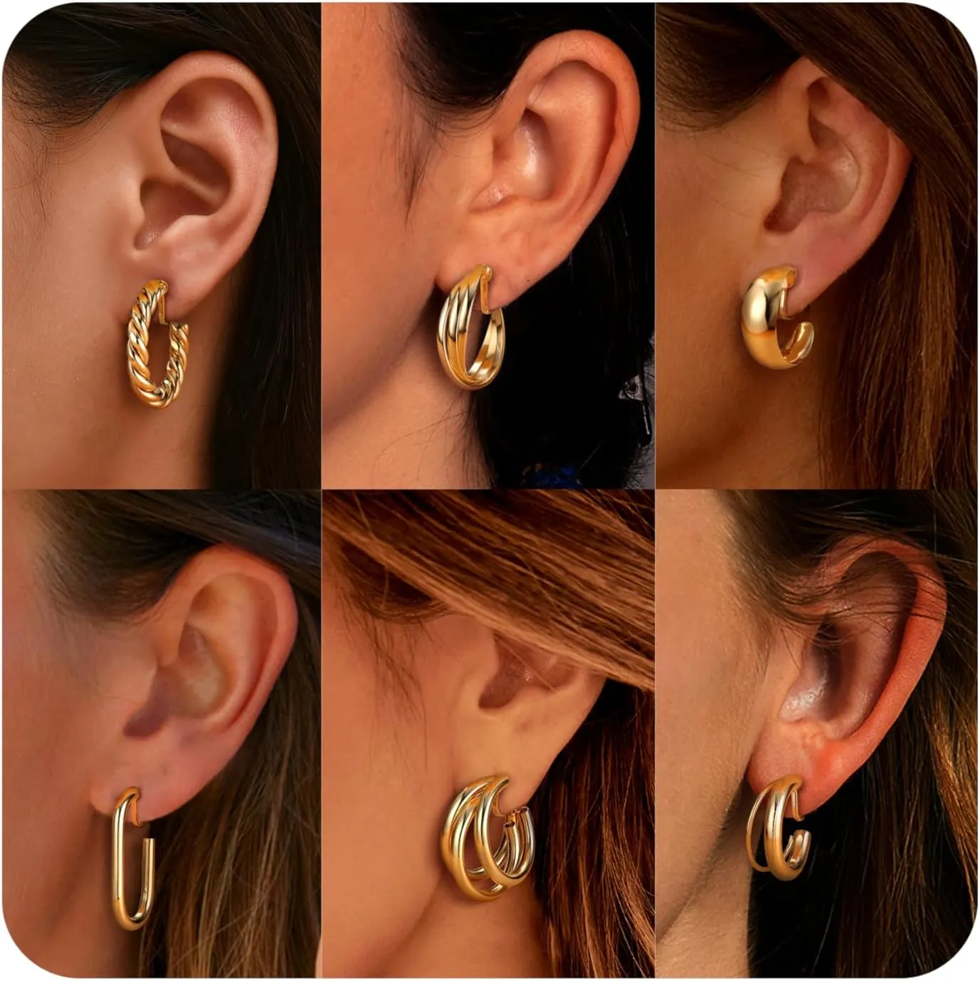 ORAZIO Clip On Earrings for Women 6Pairs Gold Clip On Hoop Earrings For Egirls Chunky Hoops Twist Triple Square Hoop Earrings No Piercing Fake Earrings Set