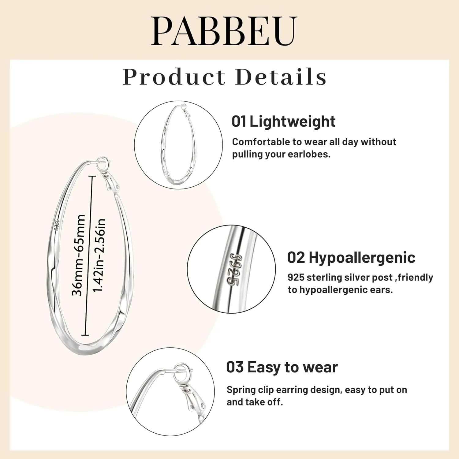 PABBEU Silver Hoop Earrings for Women Oval Hypoallergenic 925 Sterling Silver Hoop Earrings Lightwieght Large Hoops Earring for Women Trendy