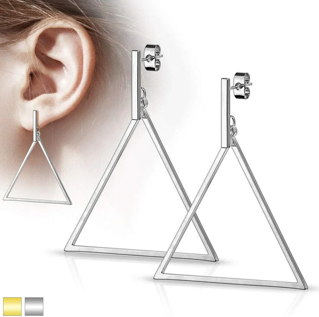 Pair of Stainless Steel Earrings with Bar and Large Triangle Dangle Design 20g