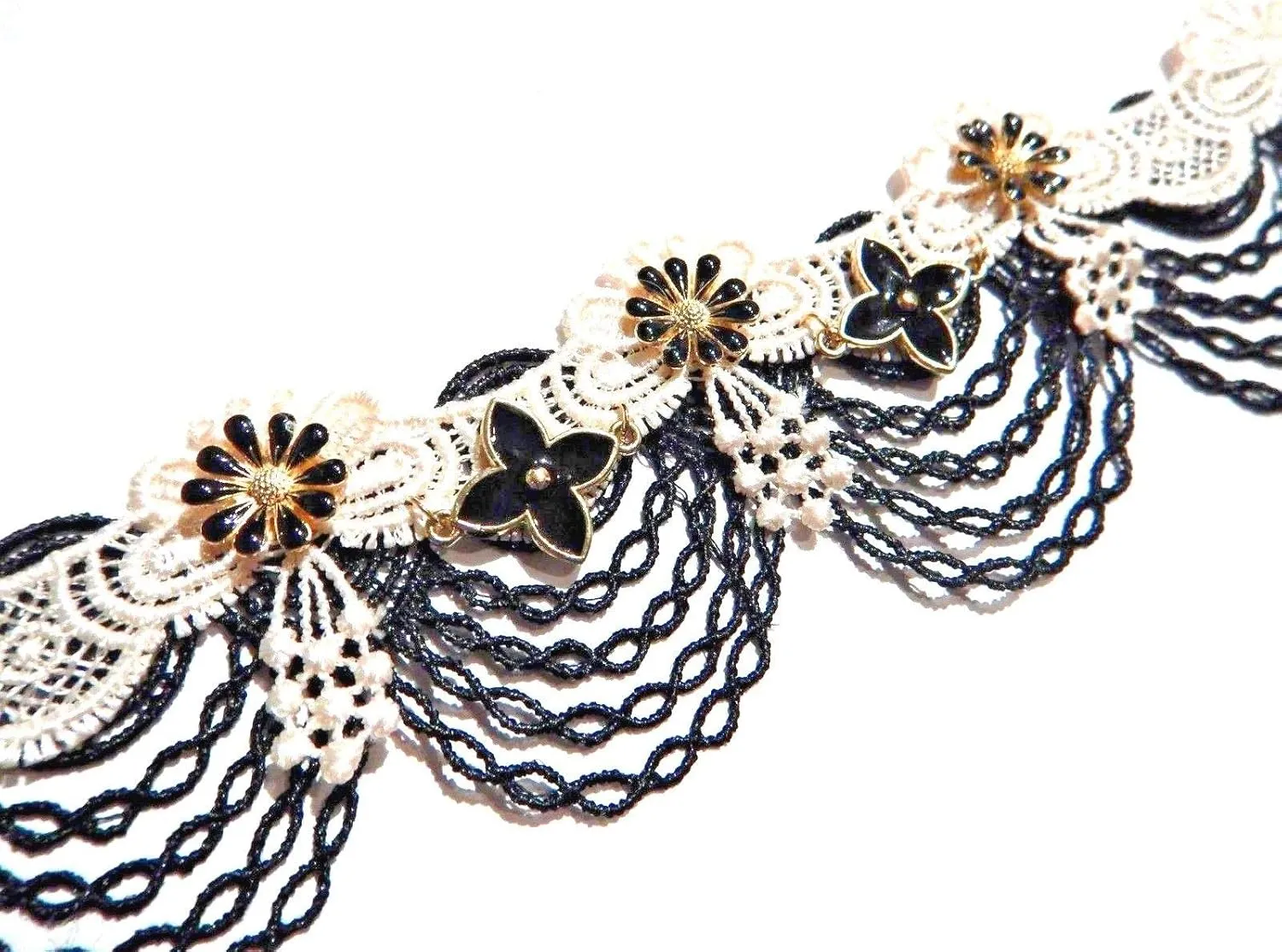 Pale Pink & Black Garland Lace Wide Choker Collar Necklace Gothic Festoon Flowers Pastel XS 13"