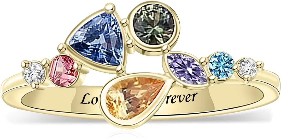 Personalized 1-8 Birthstones Family Rings, Customized Unique Shape Family Birthstone Rings, Engraved Name Rings for Women Grandma Mom