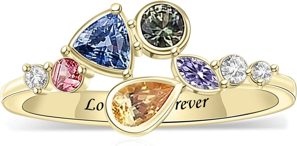 Personalized 1-8 Birthstones Family Rings, Customized Unique Shape Family Birthstone Rings, Engraved Name Rings for Women Grandma Mom