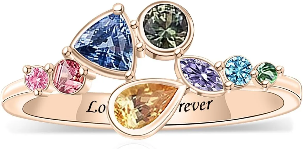 Personalized 1-8 Birthstones Family Rings, Customized Unique Shape Family Birthstone Rings, Engraved Name Rings for Women Grandma Mom