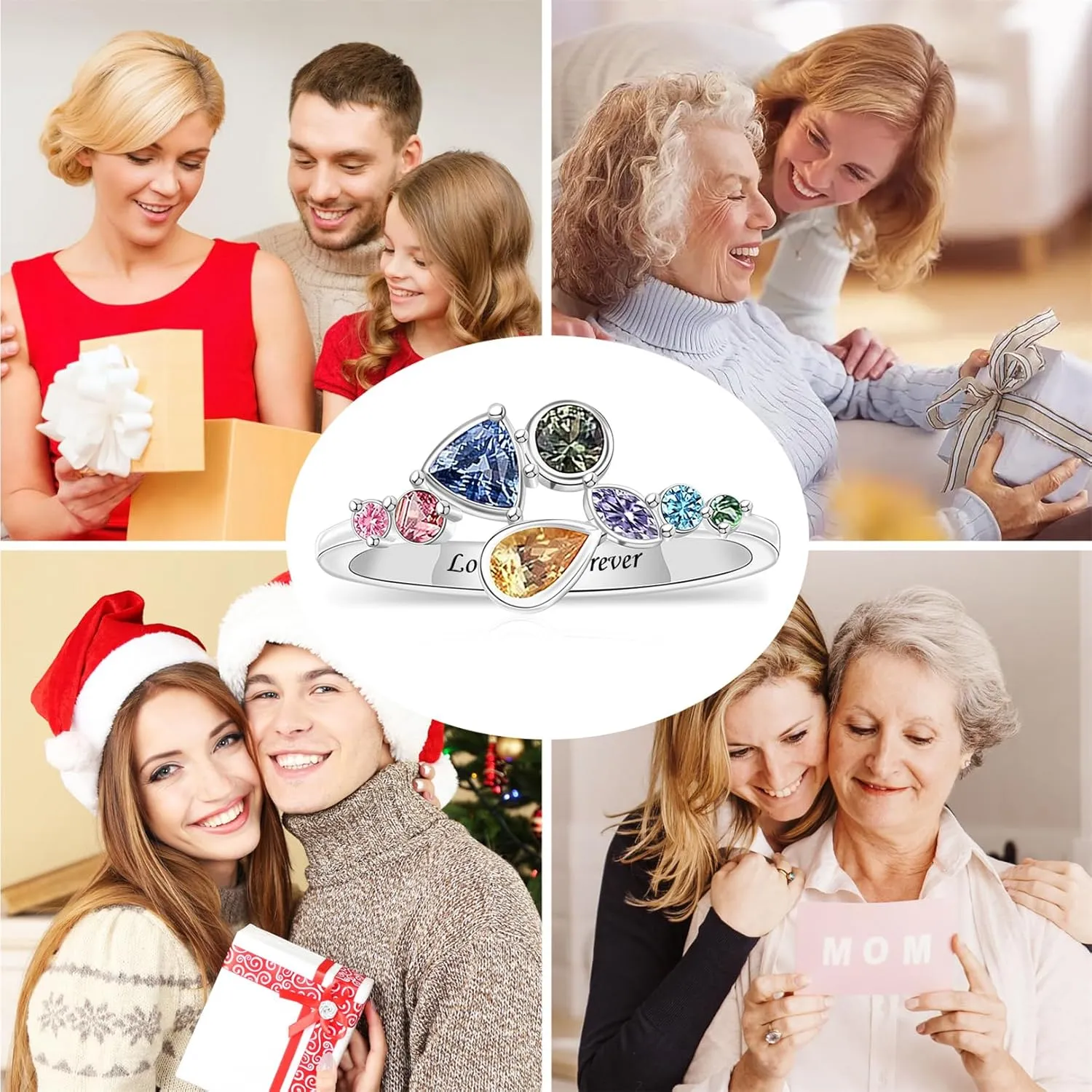 Personalized 1-8 Birthstones Family Rings, Customized Unique Shape Family Birthstone Rings, Engraved Name Rings for Women Grandma Mom