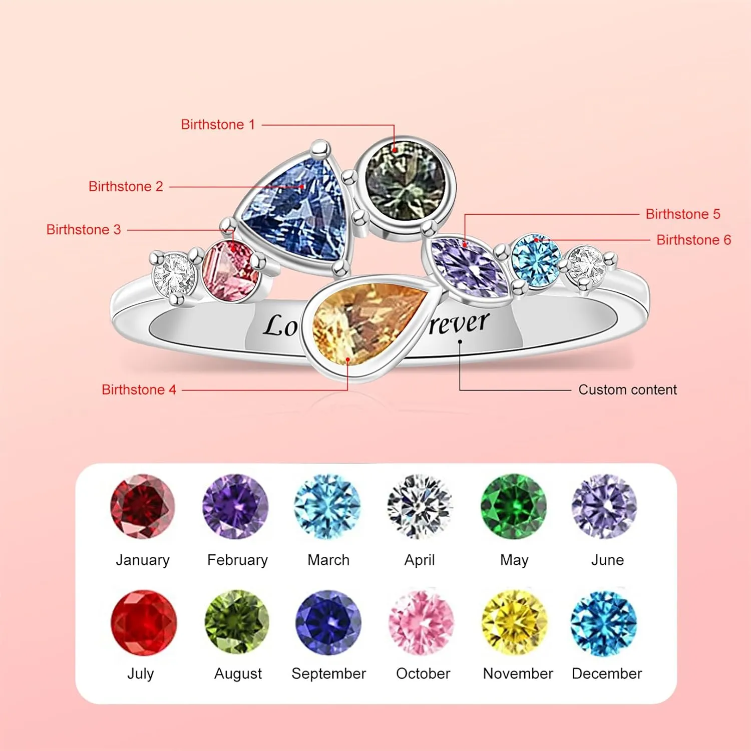 Personalized 1-8 Birthstones Family Rings, Customized Unique Shape Family Birthstone Rings, Engraved Name Rings for Women Grandma Mom