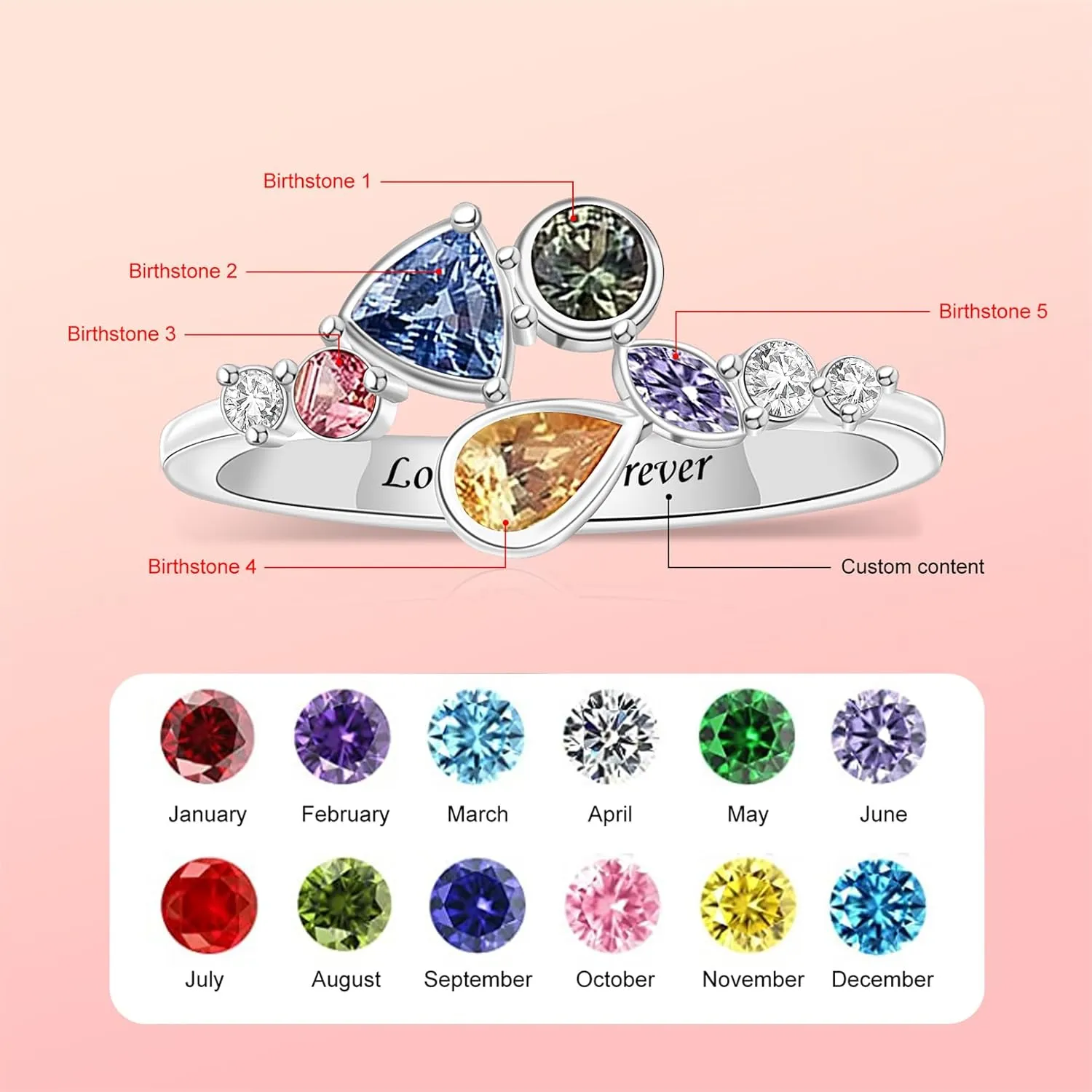 Personalized 1-8 Birthstones Family Rings, Customized Unique Shape Family Birthstone Rings, Engraved Name Rings for Women Grandma Mom