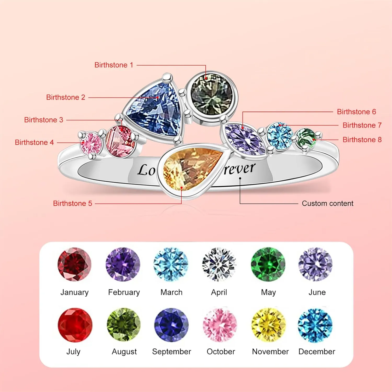 Personalized 1-8 Birthstones Family Rings, Customized Unique Shape Family Birthstone Rings, Engraved Name Rings for Women Grandma Mom