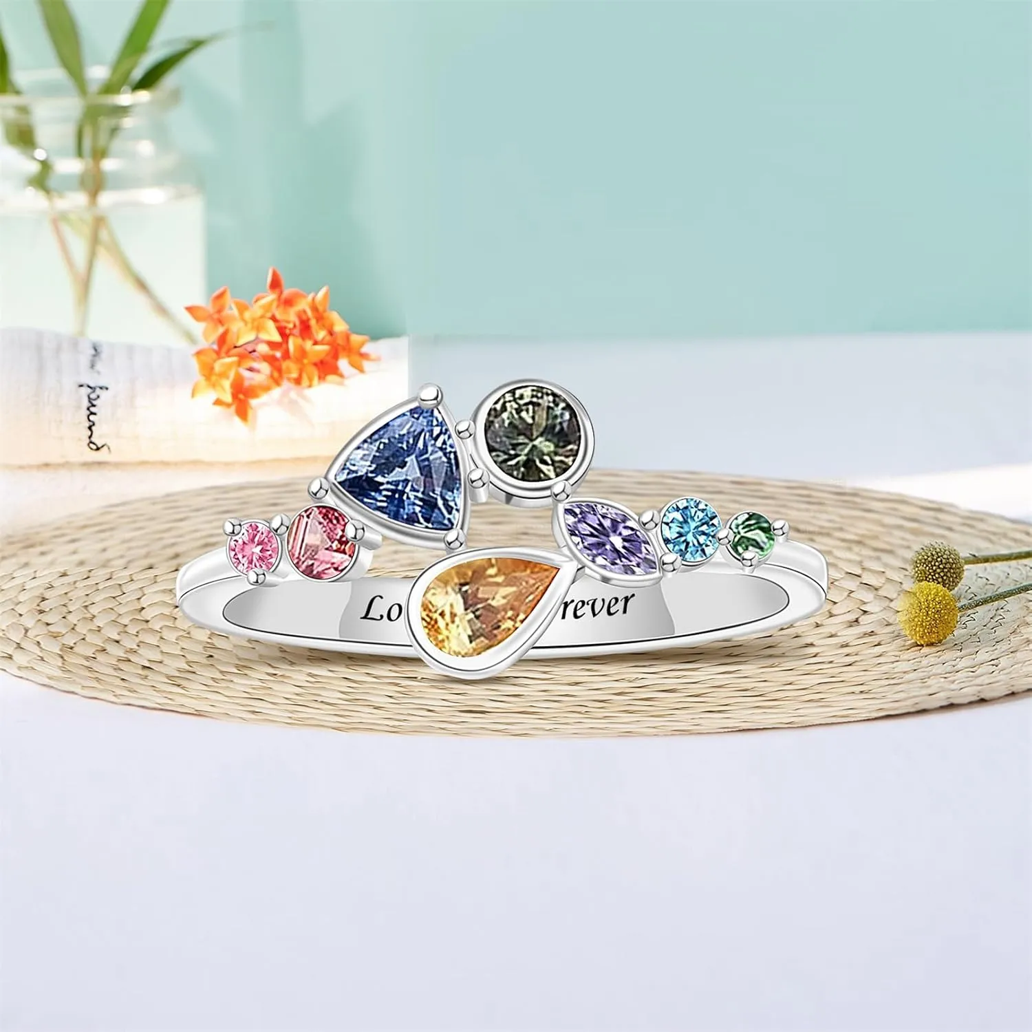 Personalized 1-8 Birthstones Family Rings, Customized Unique Shape Family Birthstone Rings, Engraved Name Rings for Women Grandma Mom