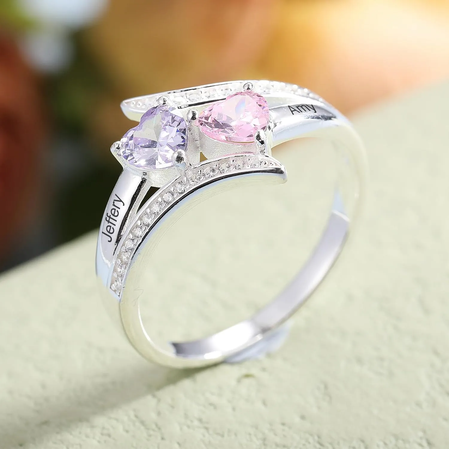 Personalized 2/3/4 Heart Birthstone Rings with Engraving 2/3/4 Names Customized Engagement Name Rings for Women 925 Sterling Silver Rings for Women Girlfriend Wife Mother Gifts