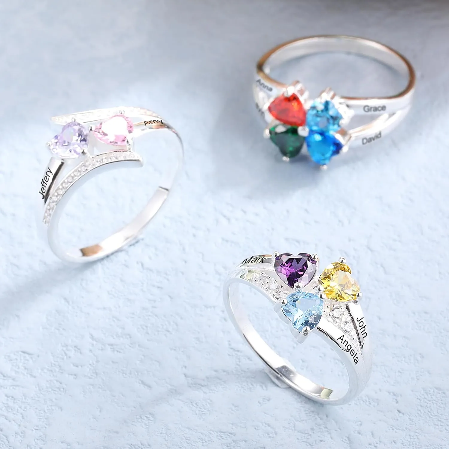 Personalized 2/3/4 Heart Birthstone Rings with Engraving 2/3/4 Names Customized Engagement Name Rings for Women 925 Sterling Silver Rings for Women Girlfriend Wife Mother Gifts