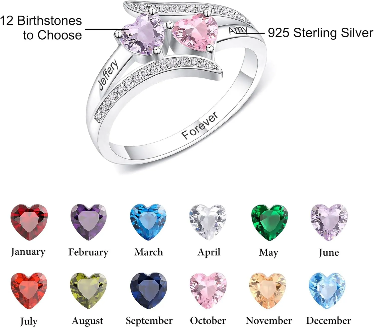 Personalized 2/3/4 Heart Birthstone Rings with Engraving 2/3/4 Names Customized Engagement Name Rings for Women 925 Sterling Silver Rings for Women Girlfriend Wife Mother Gifts