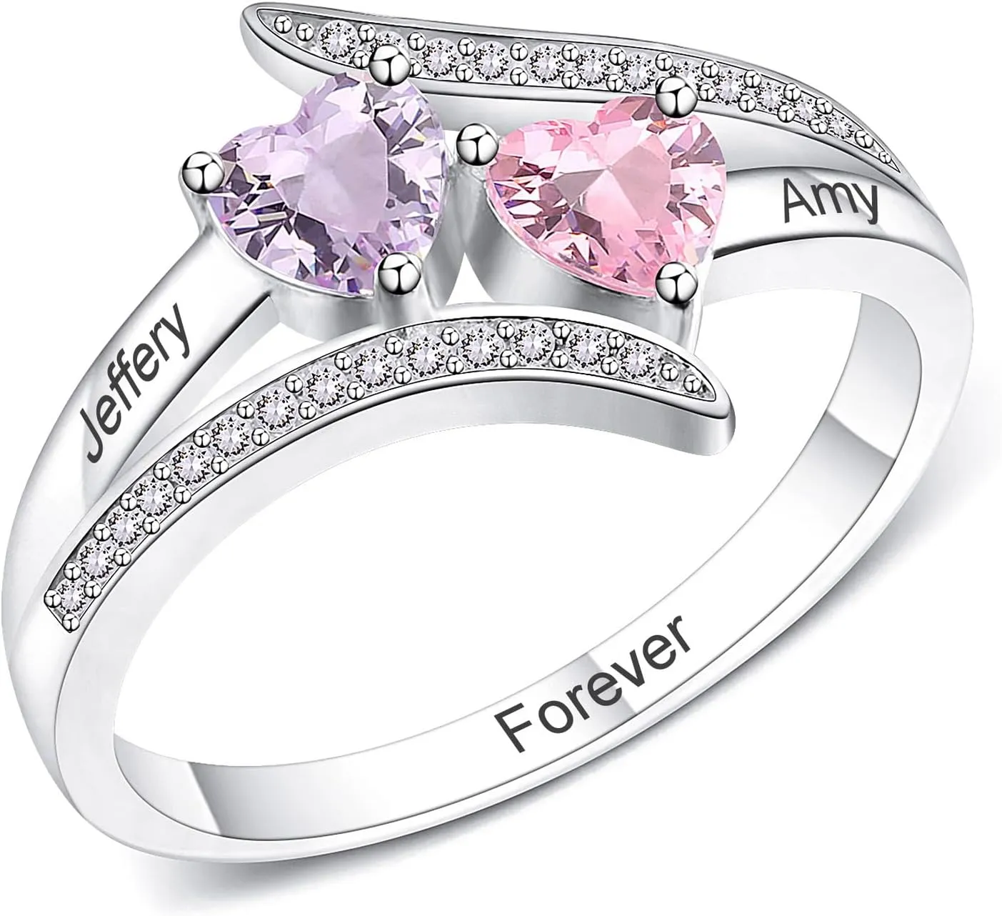 Personalized 2/3/4 Heart Birthstone Rings with Engraving 2/3/4 Names Customized Engagement Name Rings for Women 925 Sterling Silver Rings for Women Girlfriend Wife Mother Gifts