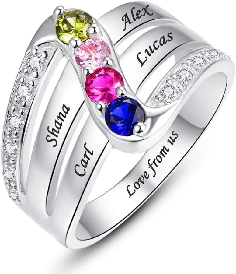 Personalized Birthstone Rings for Women 925 Sterling Silver Mothers Ring with 4 Round Simulated Birthstones Custom Engraved Couples Names Engagement Promise Rings for Women Size 5-12