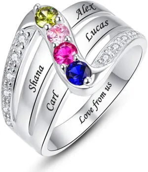 Personalized Birthstone Rings for Women 925 Sterling Silver Mothers Ring with 4 Round Simulated Birthstones Custom Engraved Couples Names Engagement Promise Rings for Women Size 5-12