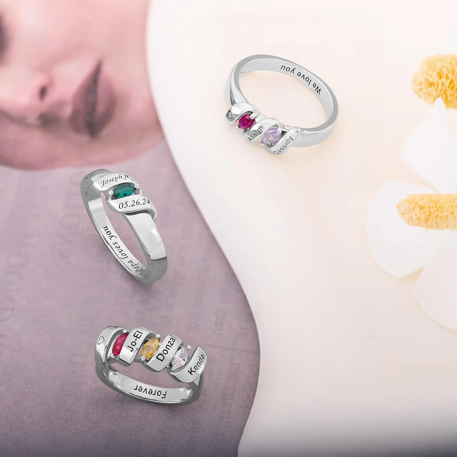 Personalized Birthstone Rings for Women Custom Mothers Name Rings with 2-3 Birthstones 925 Sterling Silver Engraved Text Promise Rings Wedding Mother's Day Jewelry Gifts for Mom Wife Grandmother