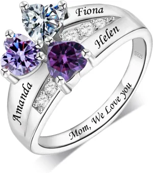 Personalized Birthstone Rings for Women Custom Mothers Name Rings with 2-3 Birthstones 925 Sterling Silver Engraved Text Promise Rings Wedding Mother's Day Jewelry Gifts for Mom Wife Grandmother