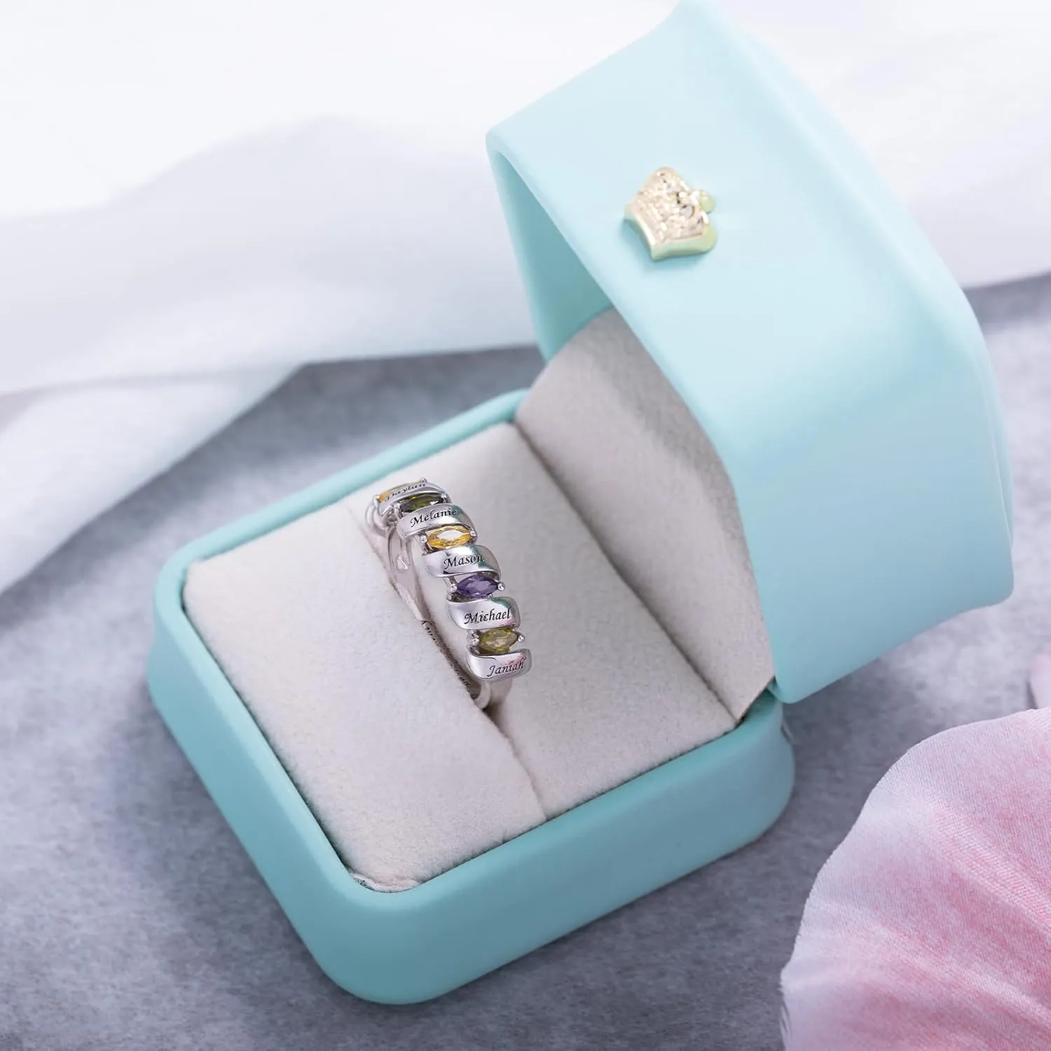 Personalized Birthstone Rings for Women Custom Mothers Name Rings with 2-3 Birthstones 925 Sterling Silver Engraved Text Promise Rings Wedding Mother's Day Jewelry Gifts for Mom Wife Grandmother