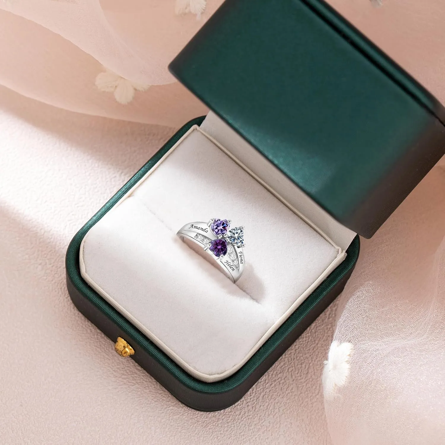 Personalized Birthstone Rings for Women Custom Mothers Name Rings with 2-3 Birthstones 925 Sterling Silver Engraved Text Promise Rings Wedding Mother's Day Jewelry Gifts for Mom Wife Grandmother