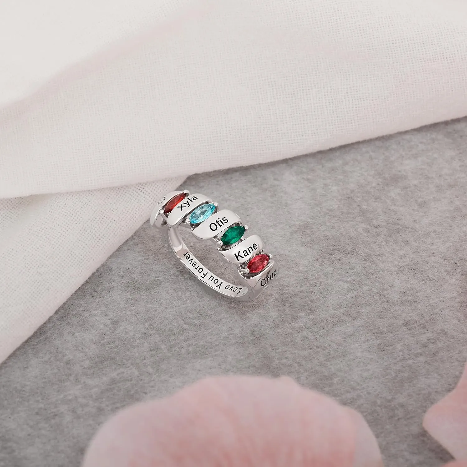 Personalized Birthstone Rings for Women Custom Mothers Name Rings with 2-3 Birthstones 925 Sterling Silver Engraved Text Promise Rings Wedding Mother's Day Jewelry Gifts for Mom Wife Grandmother