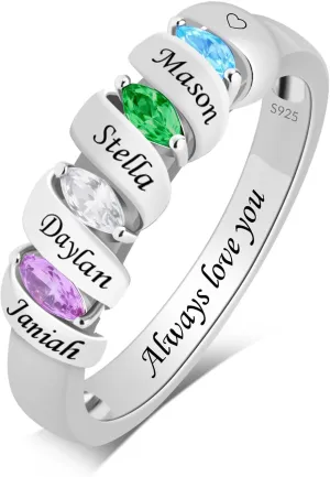 Personalized Birthstone Rings for Women Custom Mothers Name Rings with 2-3 Birthstones 925 Sterling Silver Engraved Text Promise Rings Wedding Mother's Day Jewelry Gifts for Mom Wife Grandmother