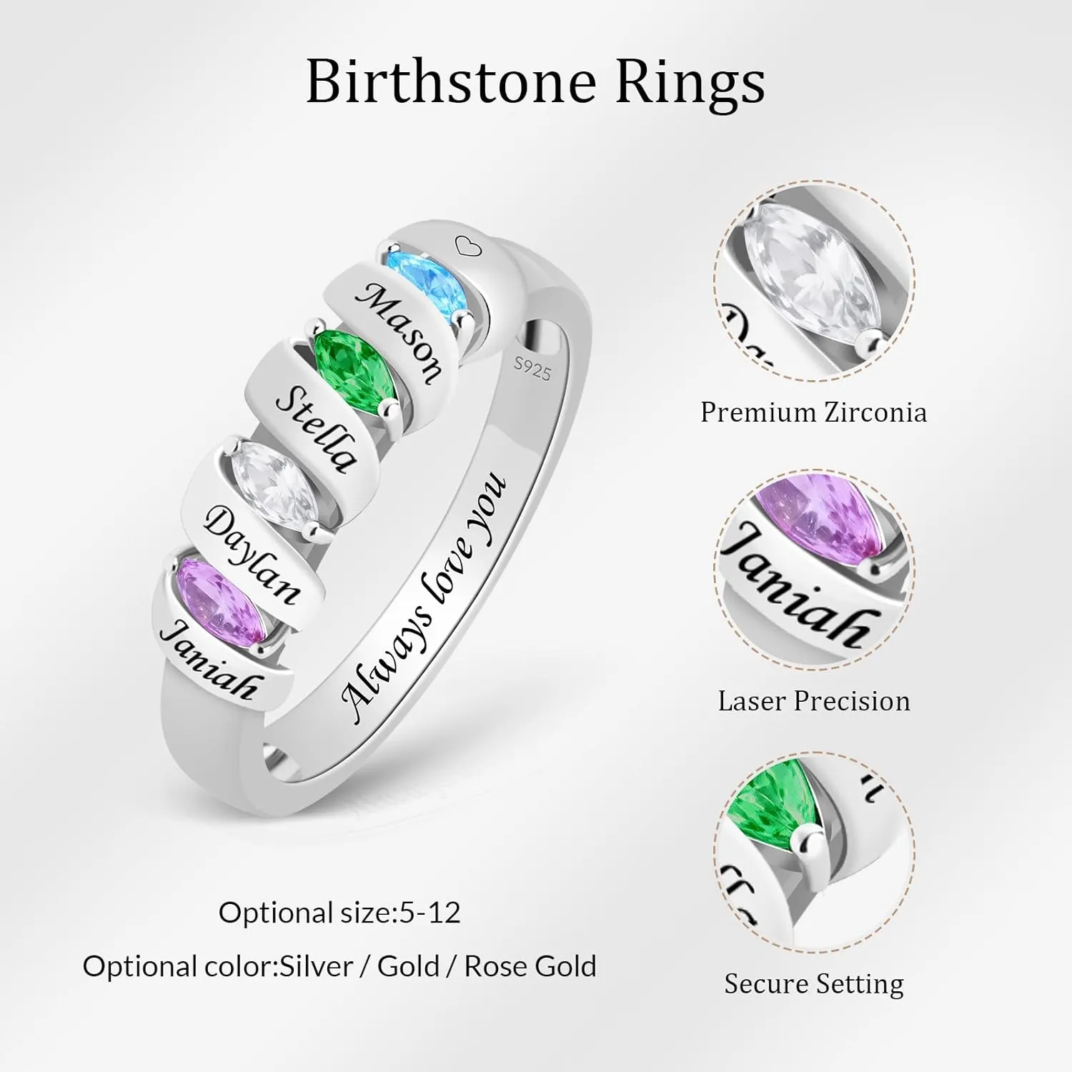 Personalized Birthstone Rings for Women Custom Mothers Name Rings with 2-3 Birthstones 925 Sterling Silver Engraved Text Promise Rings Wedding Mother's Day Jewelry Gifts for Mom Wife Grandmother
